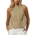 thumbnail image 2 of TARIENDY Womens Cropped Tank Tops Loose Crew Neck Sleeveless Shirts Lightweight Cotton Linen Blouses Work Shirt Khaki M, 2 of 8