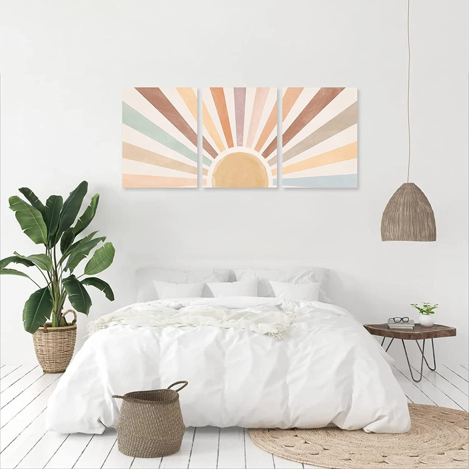 Boho Sun Wall Art Set of 3 Framed Canvas Wall Art Rainbow Sun Rising on the Horizon Geometric Nature Illustrations Line Art Wall Mid-Century Modern Prints Boho Wall Decor 12"x16" Watercolor