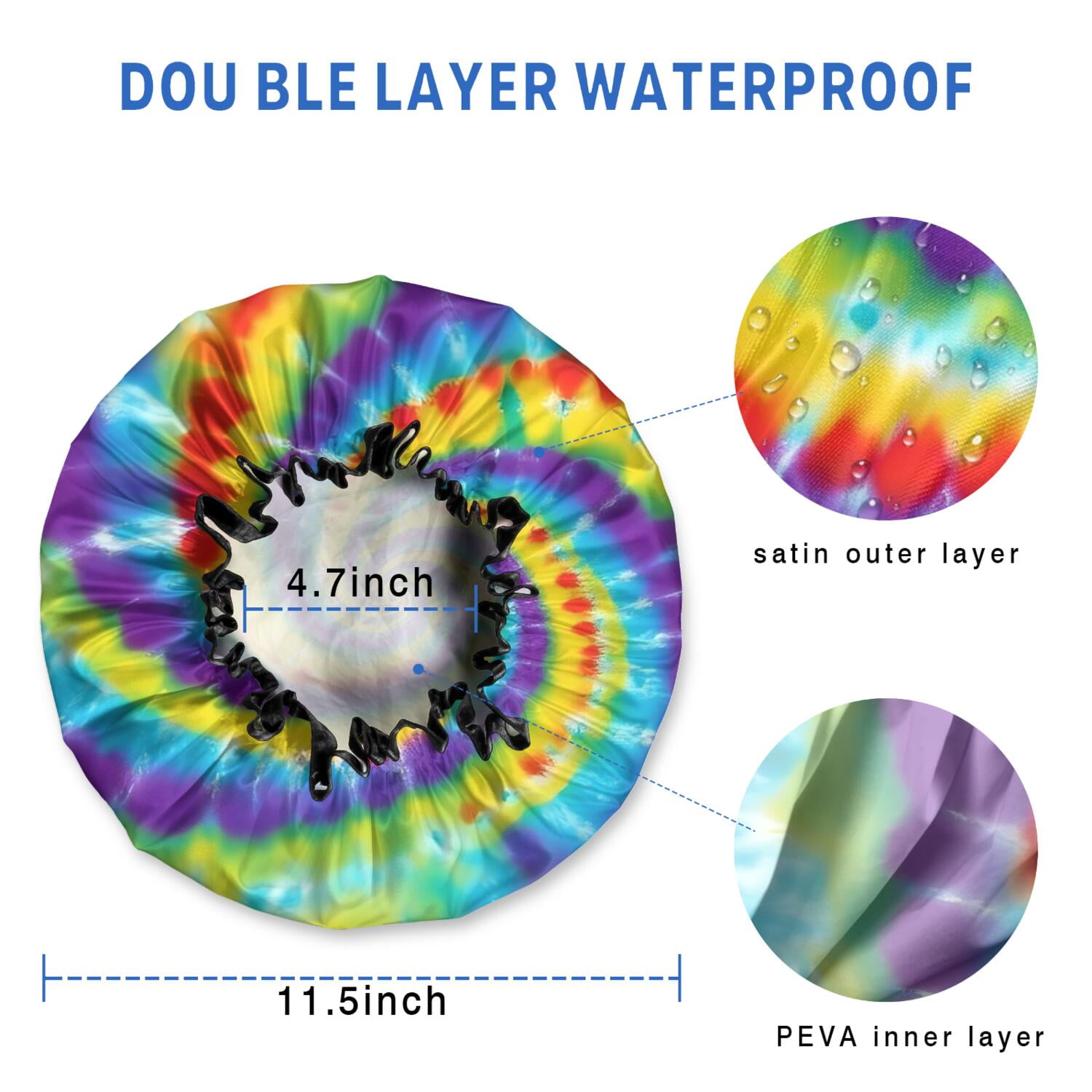 Shower Caps,Colorful Rainbow Tie Dye Spiral Pattern Waterproof Shower Cap for Women 4 Pieces,Double Reusable Hair Cover for Shower PEVA Elastic Stretch Hem