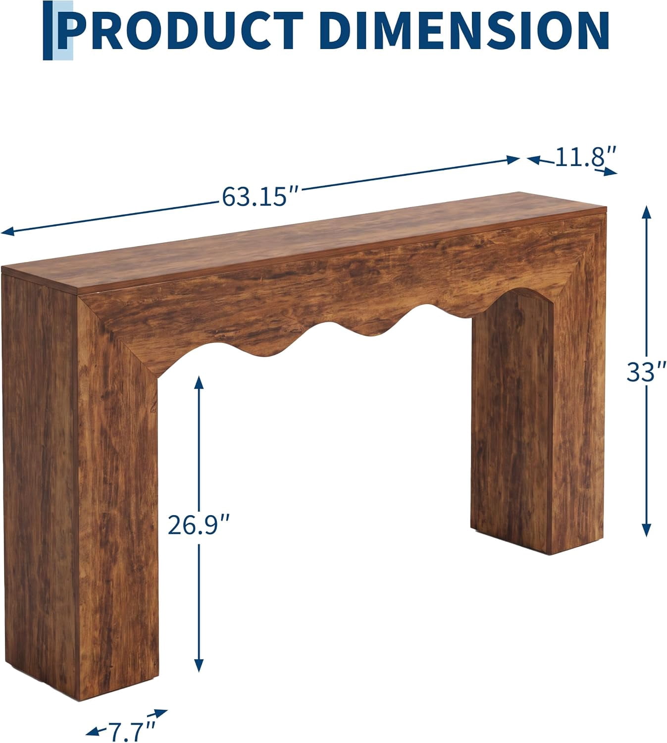 63" Farmhouse Console Table, Wooden Texture Entryway Table with Wave Design, Sturdy Sofa Table Behind Couch, 300LB Capacity Hallway Table for Living Room, Brown