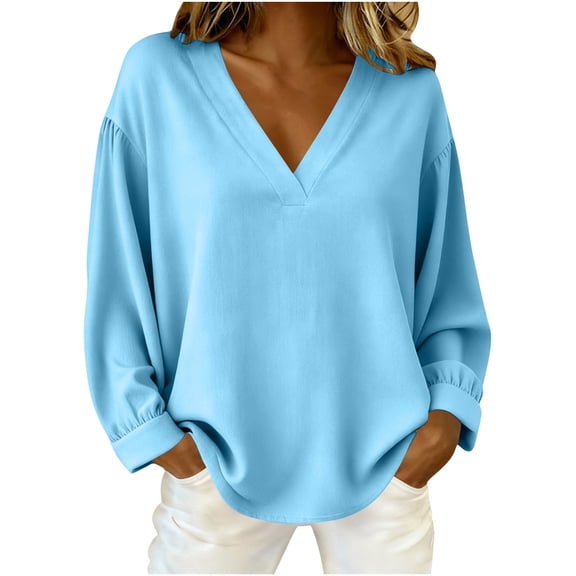 Dagugfen Women's Tops V Neck Long Sleeve Womens Loose Pullover Basic Homewear Shirts Pajama Tops for Women