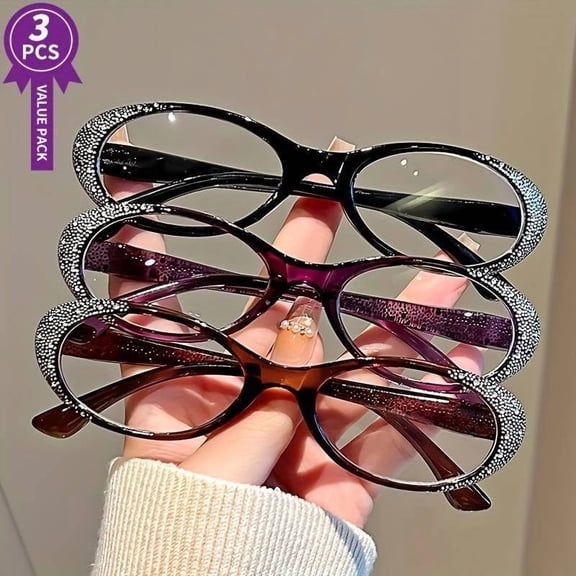 3 Pairs of Fashionable Reading Glasses Women's Sparkling Rhinestone Cat's Eye Elegant Reading Glasses HD Reader 1.0 to 4.0