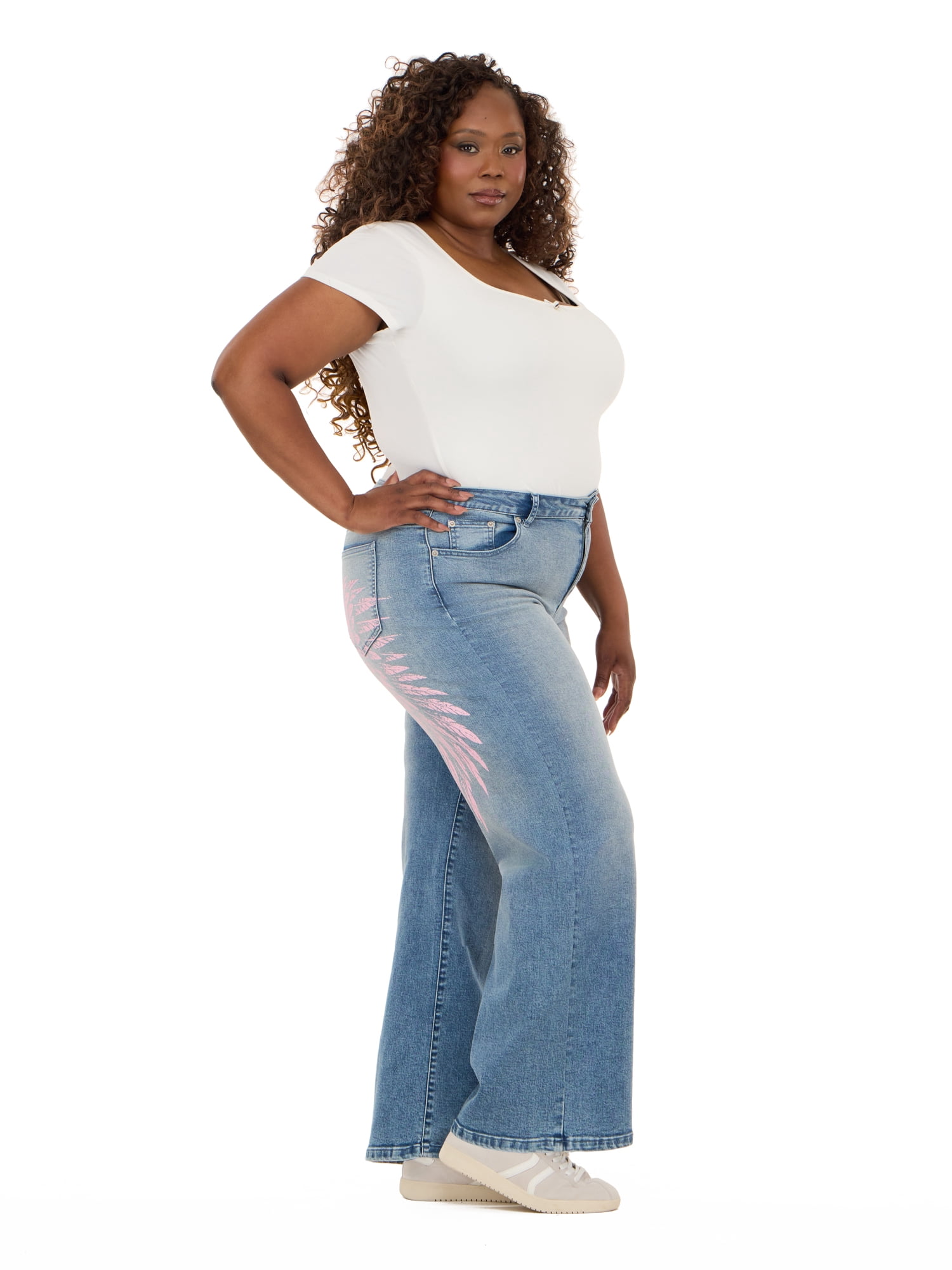 Forever 21 Women's Low Waist Wide Leg Denim Pants with Screen Print, Relaxed Fit Baggy Jeans, Vintage Wash Casual Streetwear, Blue, 00-4X