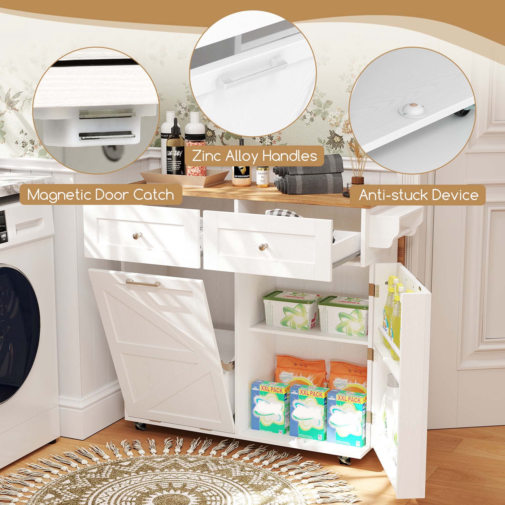 Costway Rolling Kitchen Island Kitchen Island Cart with Drop Leaf Trash Can Cabinet White