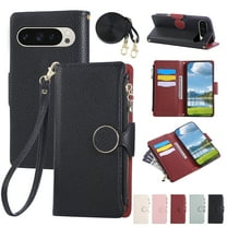 ELEHOLD Case for Google Pixel 9, Crossbody Wallet Phone Case with Zipper Card Holder, Detachable Strap Folio PU Leather Cover with Stand,Black