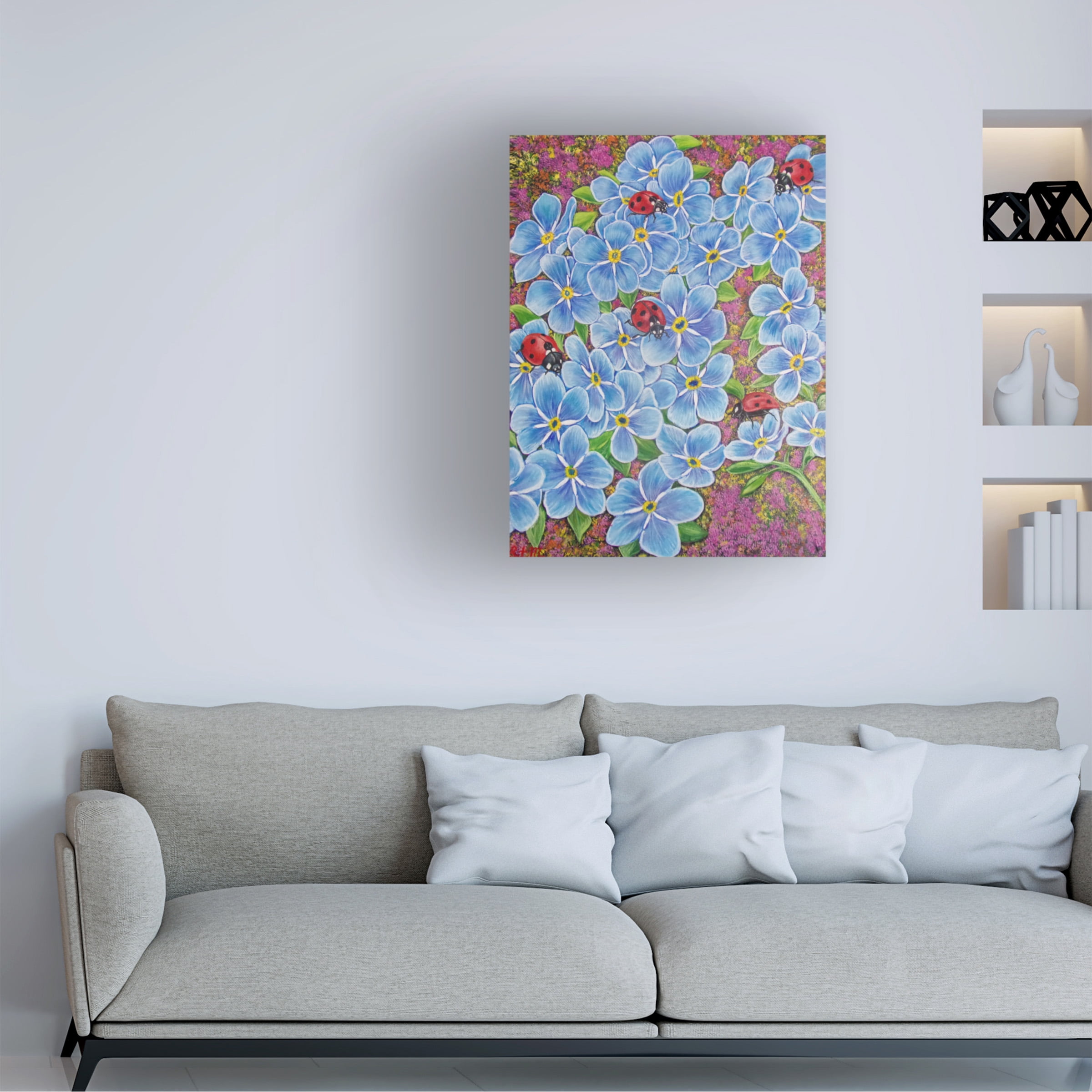 Canvas Wall Art - Sofya Mikeworth 'Ladybugs And Forget-Me-Not Flowers' Wall Art for Living Room, Bedroom, or Office DÃ©cor by Trademark Fine Art - 18 x 24 Inches