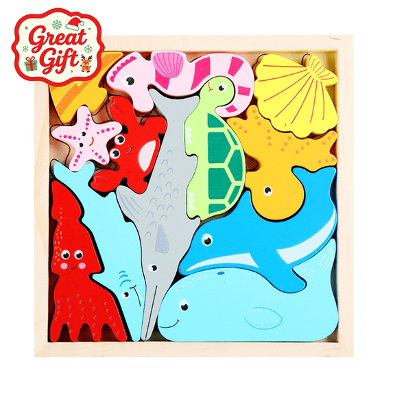 Wooden Ocean Animal Chunky Puzzle Set, Stocking Stuffers Montessori Educational Toy, Preschool Fine Motor Cognitive Toy, Christmas Birthday Gift for Toddler Boys Girls Ages 2