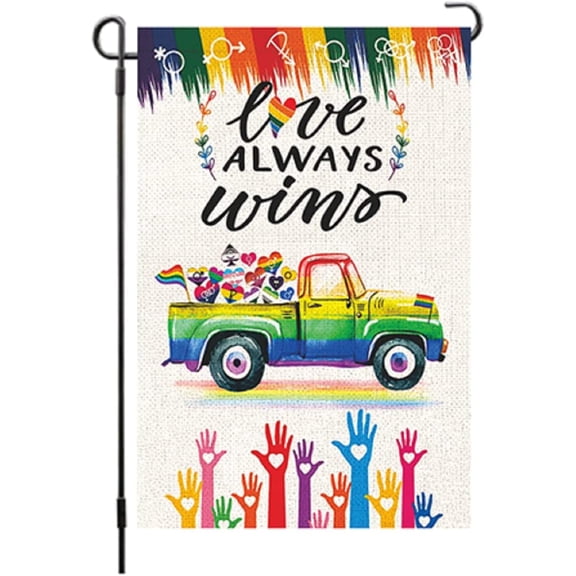 Pride Garden Flag LOVE ALWAYS WIN 12"x18" double Sided Burlap LGBTQ Rainbow Flag Small , Gay Flag Garden Flag for Yard Lawn Home Door Decor