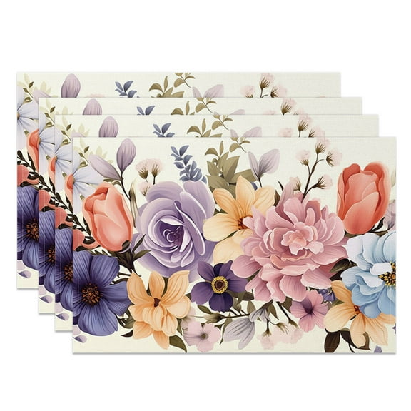SUNOLIFE Colorful Floral Placemats Set of 4,Watercolor Flowers Table Place Mats 12x18 inch