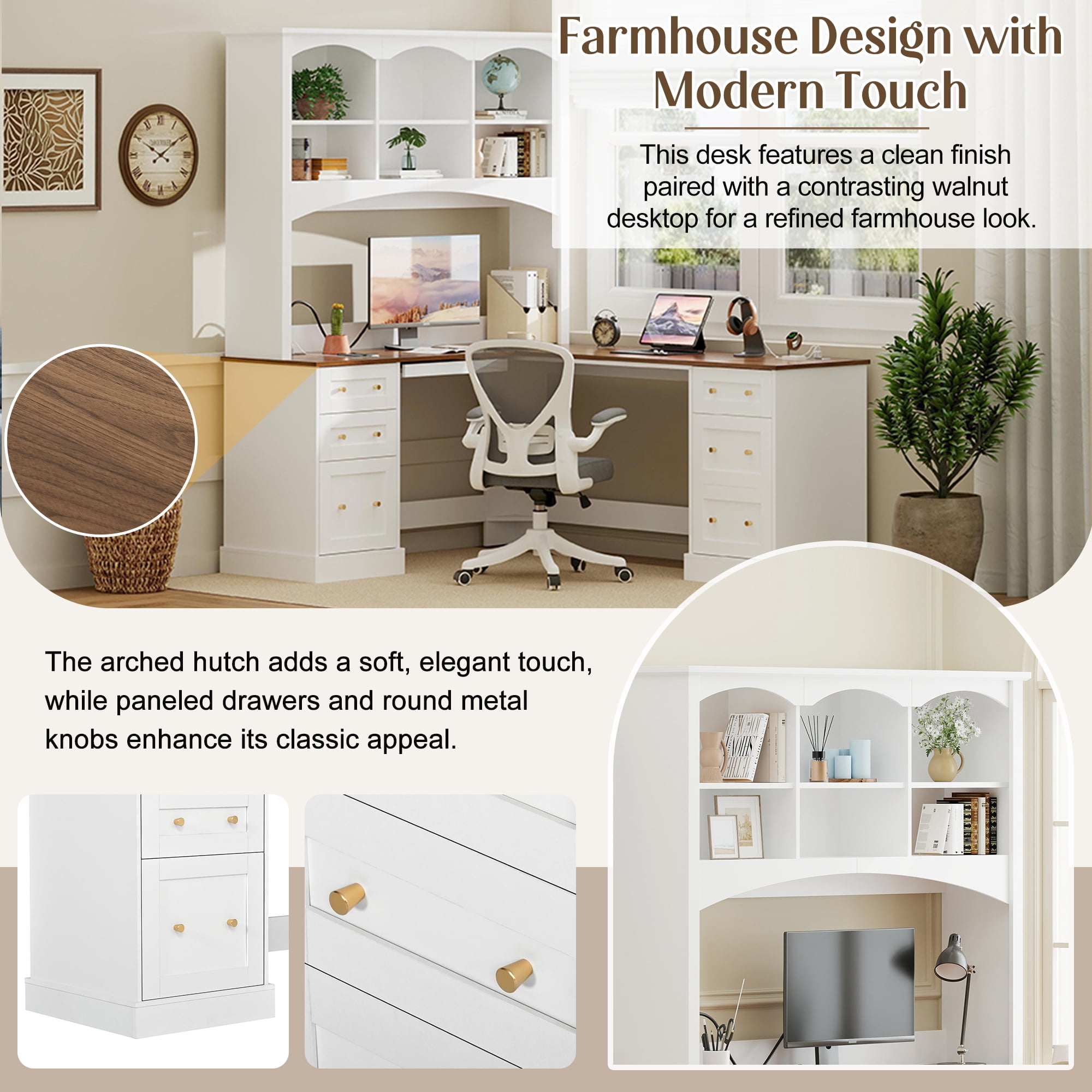 L Shaped Corner Computer Desk,Rustic Home Office Desk with Keyboard Tray & Charging Stations, All-in-One Home Office Desk with Arched Hutch for Bedroom,White