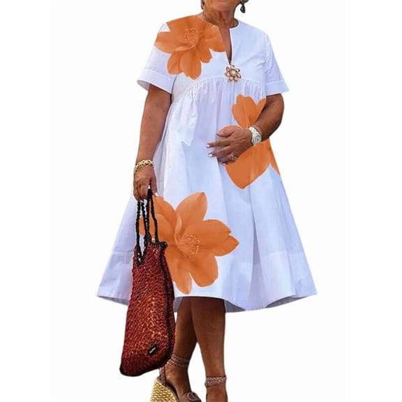 Women'S Floral Summer Dresses Short Sleeve V Neck Flowy A-Line Tiered Midi Dress Boho Beach Dress Orange S