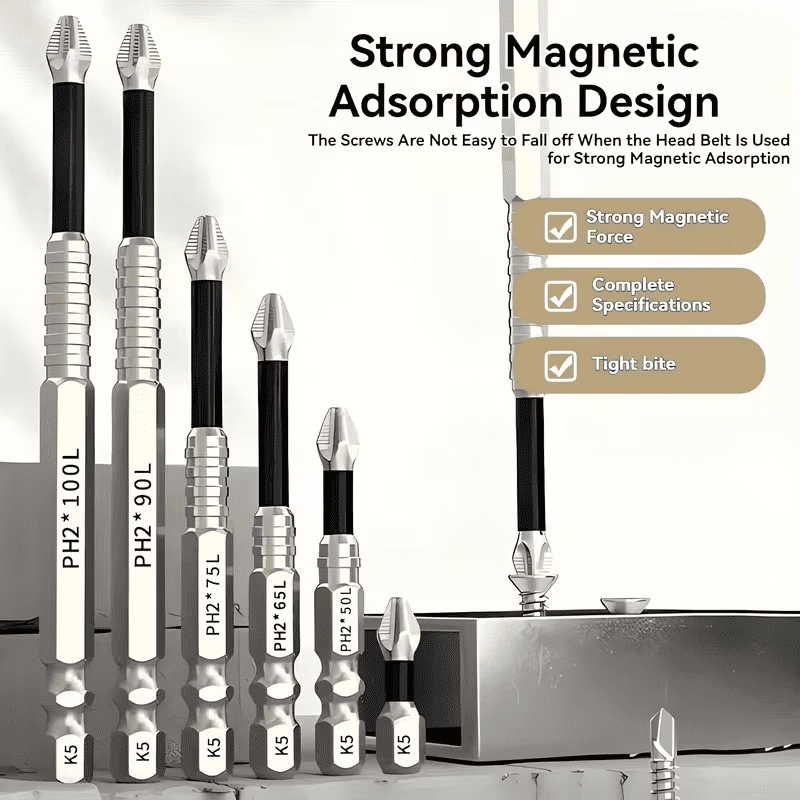 K5 Strong Magnetic Anti-Slip Phillips Screwdriver Bit Set - 6-Piece Set with Multiple Sizes (PH2) Electric Screwdriver Bits, Slim Waist Impact-Resistant Drill Bits, Home Repair & DIY Tools