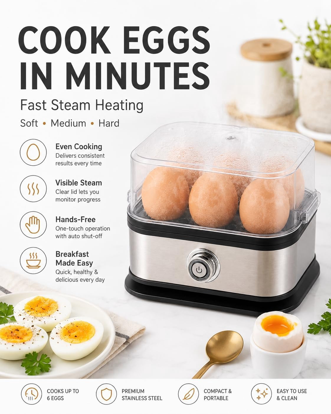 110V Multifunctional Egg Steamer with Clear Lid - Rapid Egg Cooker 6 Egg Capacity, 2026 New Stainless Steel Egg Cooker, Electric Egg Cooker with PTC Heating, Busy Mornings & Fitness Meal Prep