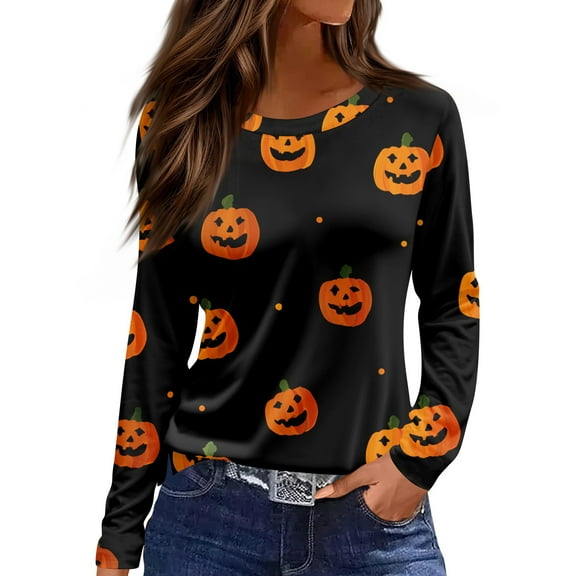 WTOBBY Women's Daily Casual Long Sleeve Printed Round Neck Top, Halloween Theme Split Hem Blouse for Fall Seasonal Fashion,Black L