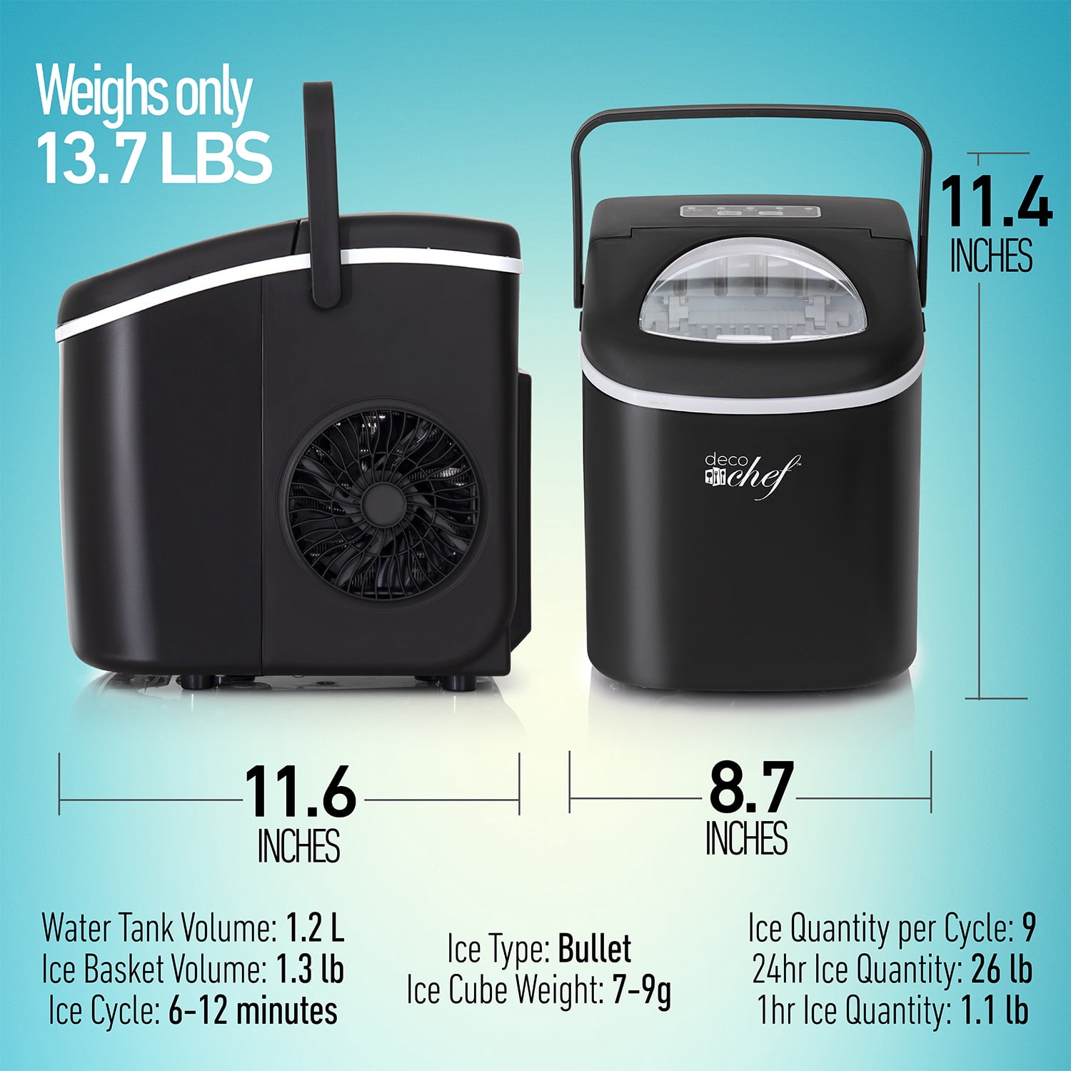 Deco Compact Countertop Ice Maker, 26LBs in 24HRs, 9 Bullet Ice Cubes Ready in 6 Minutes, Black