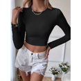 thumbnail image 2 of Women'S Backless Long Sleeve Ribbed Knit Crop Top Slim Fit Crew Neck Twist Back Cut Out Fitted Shirt, 2 of 8