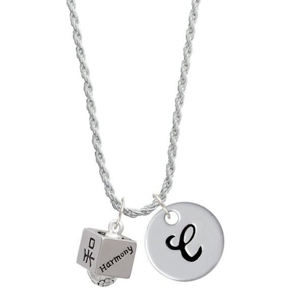 Delight Jewelry Silvertone Chinese Symbol Harmony Square Spinner Silvertone Script Initial Disc - C - Charm Necklace, 20"+3"