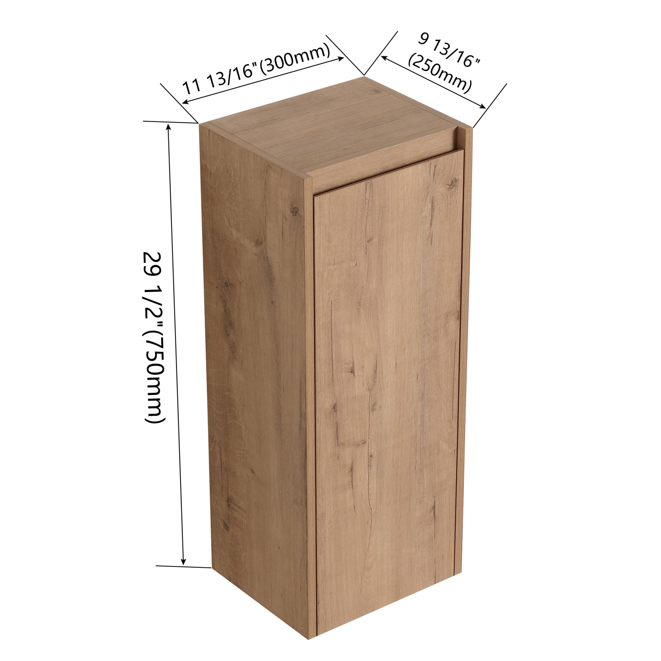 Noble House 12" Wall-Mounted Bathroom Side Cabinet, Plywood Floating Storage, Hidden Handle, Imitative Oak