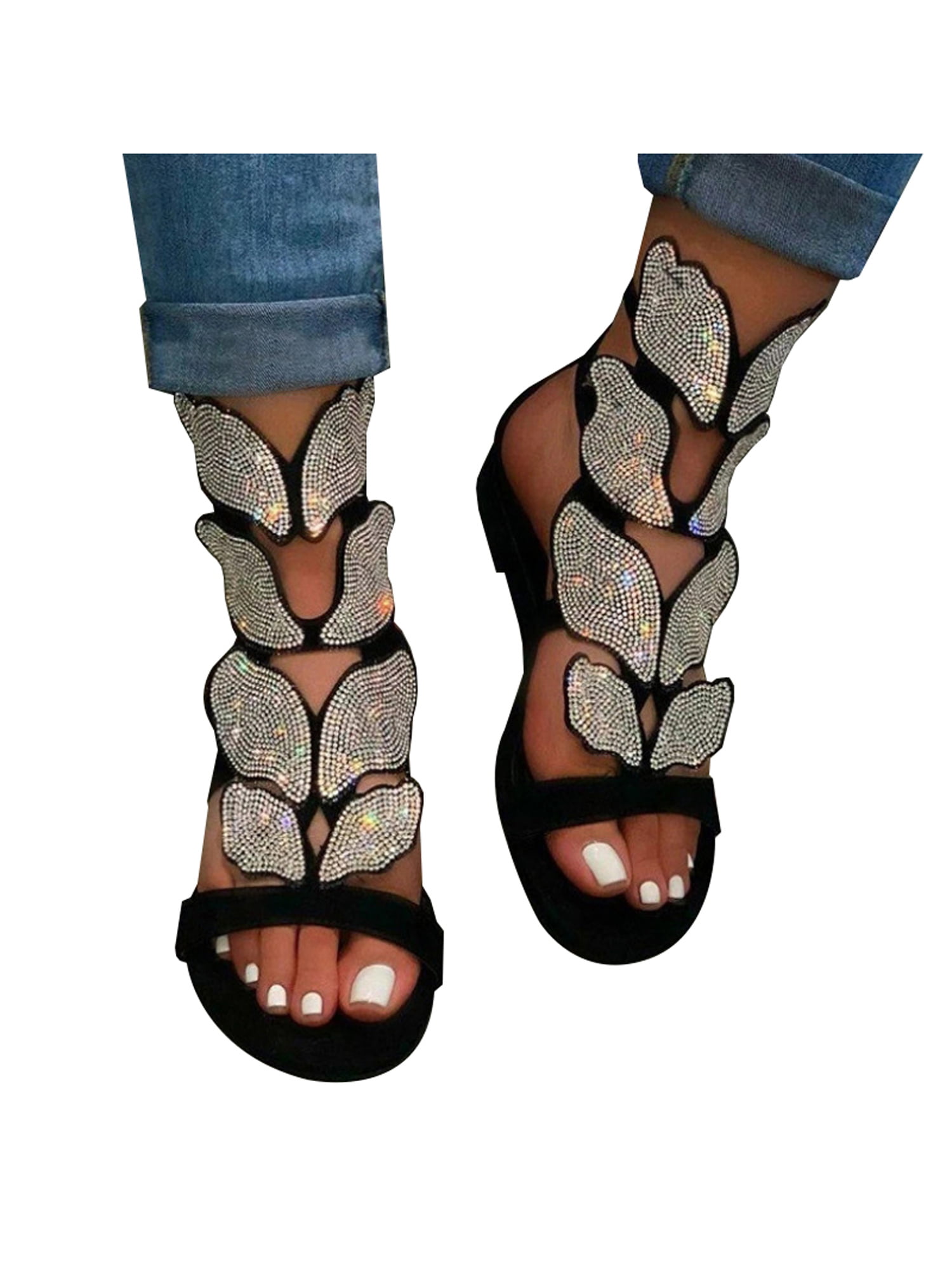 Amiley Women Rhinestone Butterfly Bling Slippers Women Fashion Open Toe Shoes Bohemia high Heel Slip On Shoe