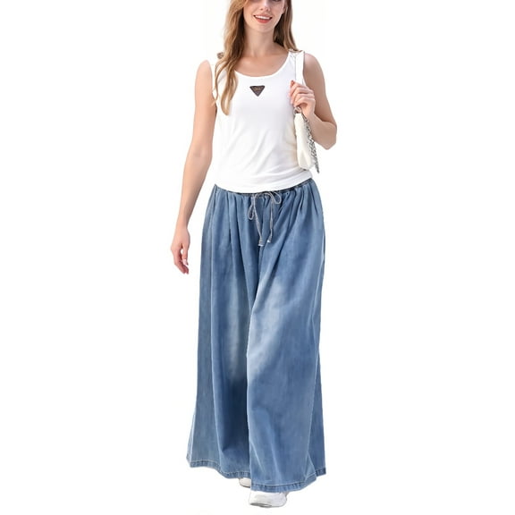Extra Wide Leg Denim Pants for Women Long Jeans Elastic Waist with Pockets Loose Casual