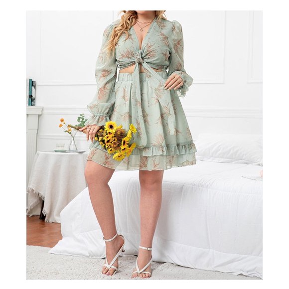 Bohemian boho Style Women Skirt Set Plus Size Suit Summer Fashion Floral Printing V Neck Tops Full Sleeves Pleats Mini Skirt