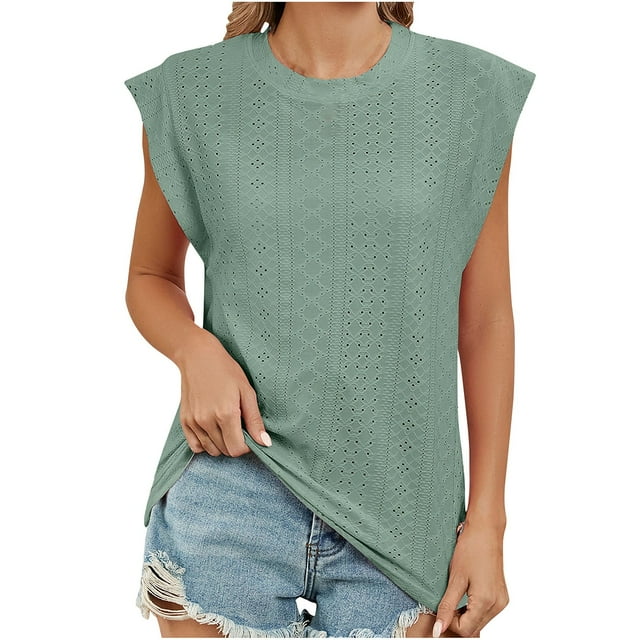 Besolor Débardeurs d'Été pour Femmes Col Rond Sans Manches Chemises à Illets Décontractées Blouse Tendance Couleur Unie