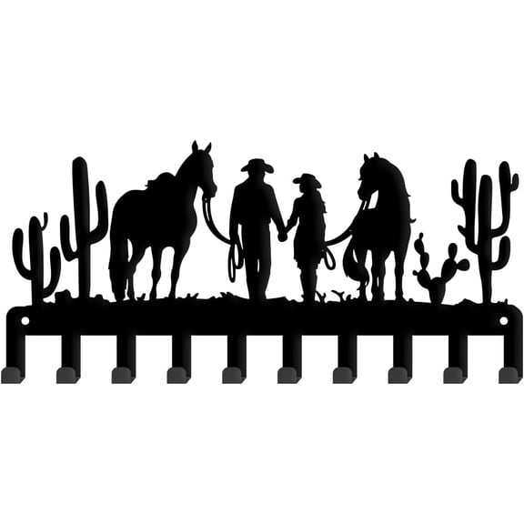 Western Cowboy Couple Metal Key Hook Cowboy Cactus Decorative 10 Hooks Black Key Hanger Organizer Wall Hanging Hooks Personalized Holder Rack Dog Leash Hanger for Home Wall Front Door