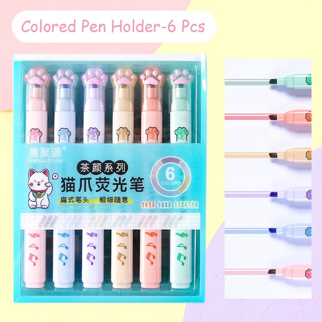6PCS Resaltador Kawaii Día Del Niño Marcador Set 6 Colores Punta Inclinada Tinta Líquida Suministros Escolares Cepillo Regalo Papelería Gao Jiahui unisex