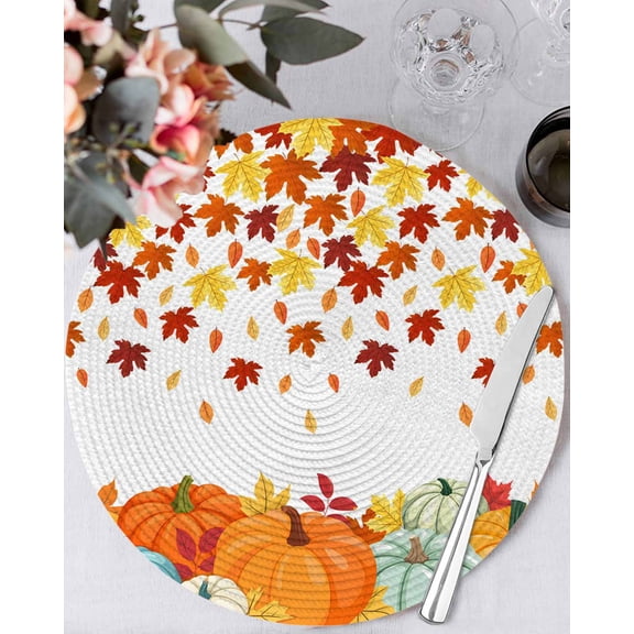 13 Inch Round Placemats Set of 4, Fall Orange Pumpkins Non Slip Heat Insulation PP Table Mats, Thanksgiving Farmhouse Maple Leaf Washable Place Mats for Kitchen Dining Party Table Decor