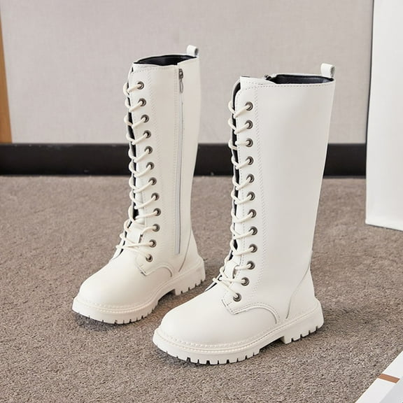 botas para niñas de 10 años Girls White Boots Kids Boots Girls Girl's Knee High Boots And Combat Boots Leather Non Slip Boots Sole Heels Shoes