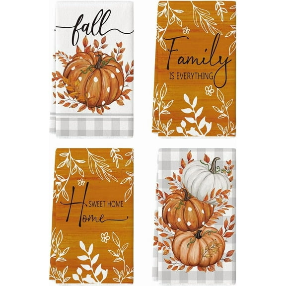 SM-XLHN Orange Buffalo Plaid Polka Dot Pumpkin Fall Kitchen Towels Dish Towels, 18x26 Inch Farmhouse Eucalyptus Leaves Decoration Hand Towels Set of 4