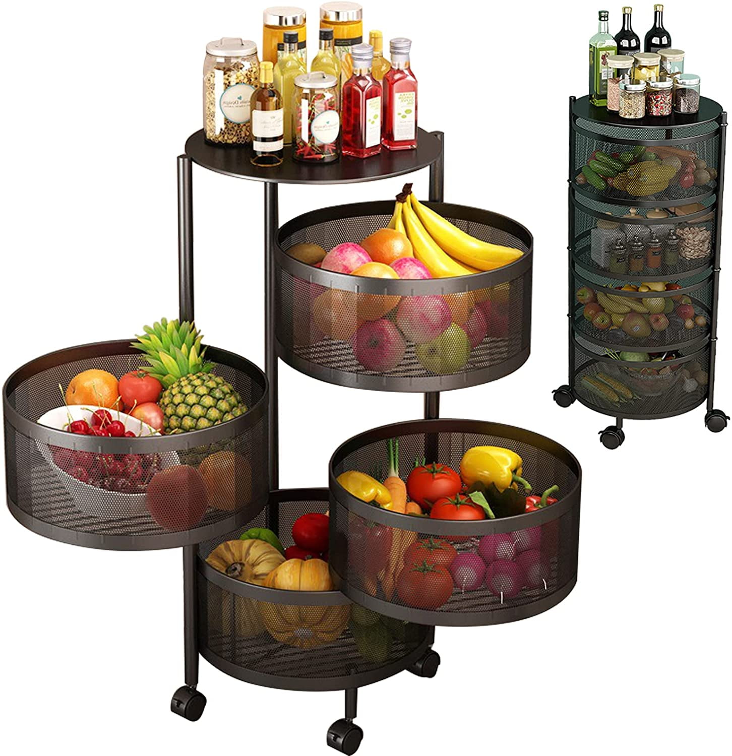 Round Rotating MultiLayer Kitchen Storage Shelf, 4 Tier Fruit Vegetable Storage Basket, Kitchen