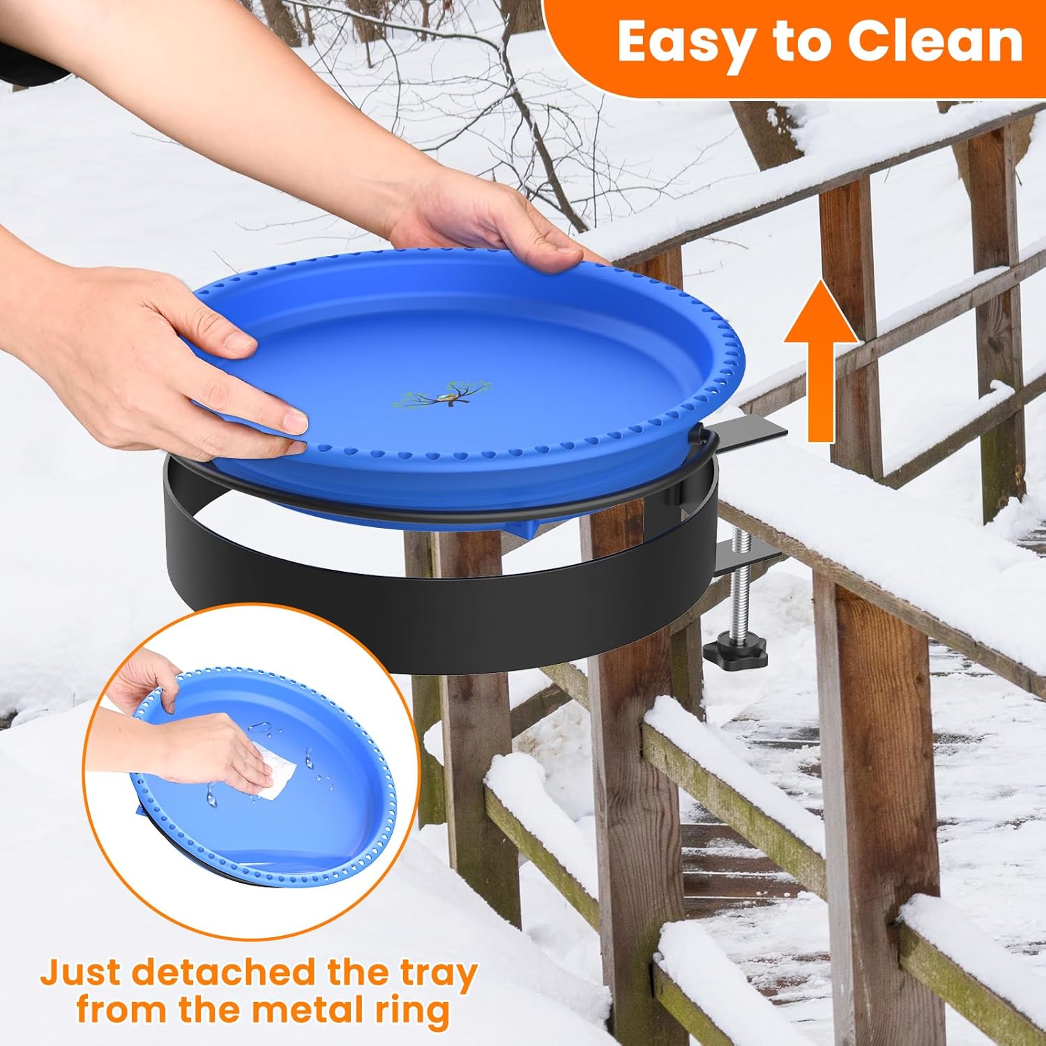 2 in 1 Heated Bird Bath for Outdoors for Winter,100W Bird Bath Heater with Thermostatically Controlled，Heated Bird Bath for Deck Railing for All Seasons Outdoor Garden Yard Patio Lawn