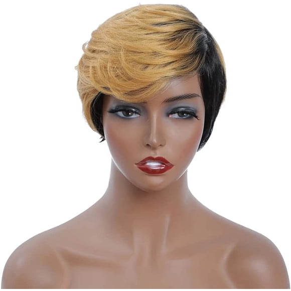 AmPm Honey Ombre Blonde Short Layered Hairstyles for Round Faces Pixie Cut Wig Machine Made short human hair wigs for black women