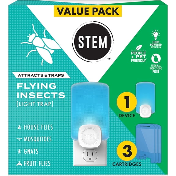 Insect Trap - Indoor Fruit Fly & Gnat Pest Control for House, Home and Kitchen, Attracts & Traps Flying Bugs, Soft Blue Light - Includes 1 Plug-in Device & 3 Cartridges