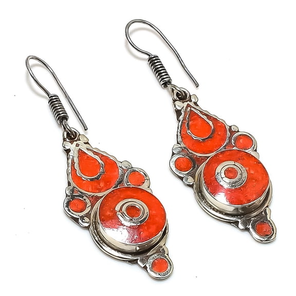 Natural Red Coral Gemstone Handmade Jewelry Earring 2.29"