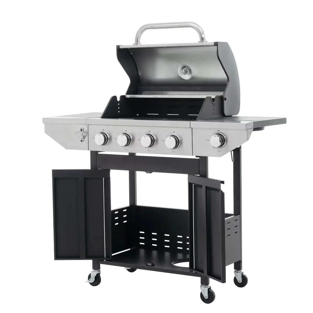 Leuco 4 Burner BBQ Propane Gas Grill, 46,500 BTU Stainless Steel Patio Garden Barbecue Grill with Stove and Side Table
