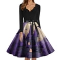 thumbnail image 5 of WTOBBY Women's Retro Halloween Printed Dress Featuring V-Neckline, Slim Casual Design, Long Sleeves, and Comfortable Fit for Party Wear ,Purple M, 5 of 5