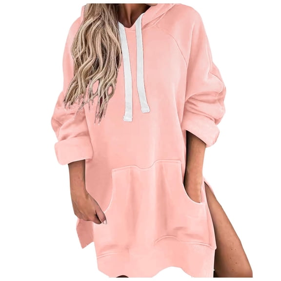 Tops for Women 2025 Going Out Winter Comfy Hooded Long-sleeved Kimono Cold Shoulder Hoody Solid Color Leisure Cotton Sweatshirt Hoodies(Pink,XXL)