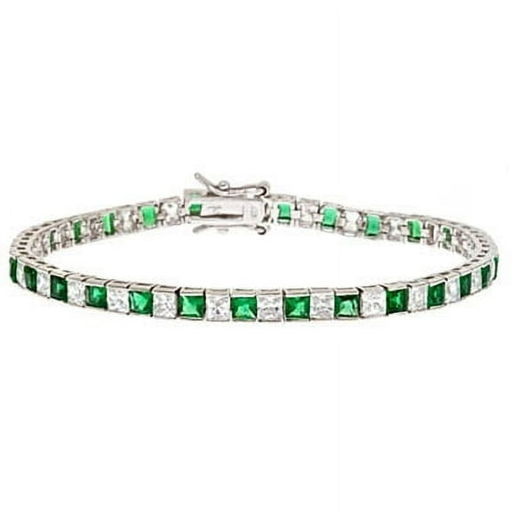 Channel Set Tennis Bracelet with Artificial Princess Cut Emerald Essence and Brilliant Diamonds by Diamond Essence set in Sterling Silver