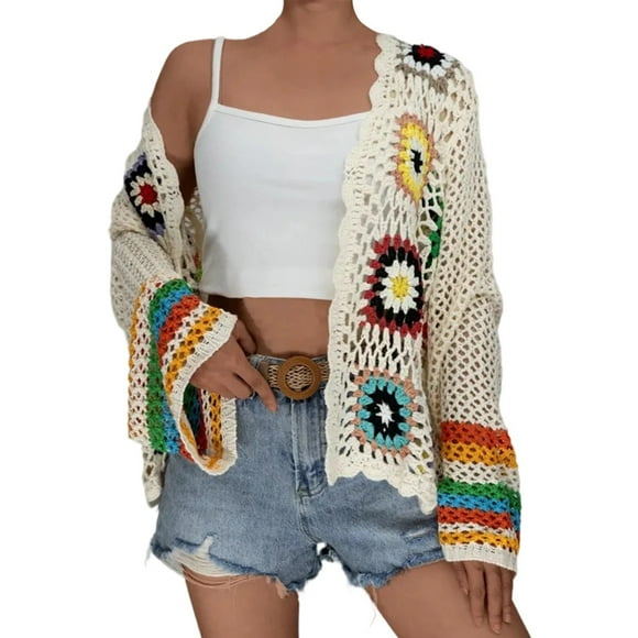 Cardigan Bohème au Crochet pour Femme à Manches Longues en Tricot de Dentelle, Chandail Fait à la Main, Ethnique, Arc-en-Ciel, Haut Ouvert à l'Avant, Cardigan pour Femme Blanc G
