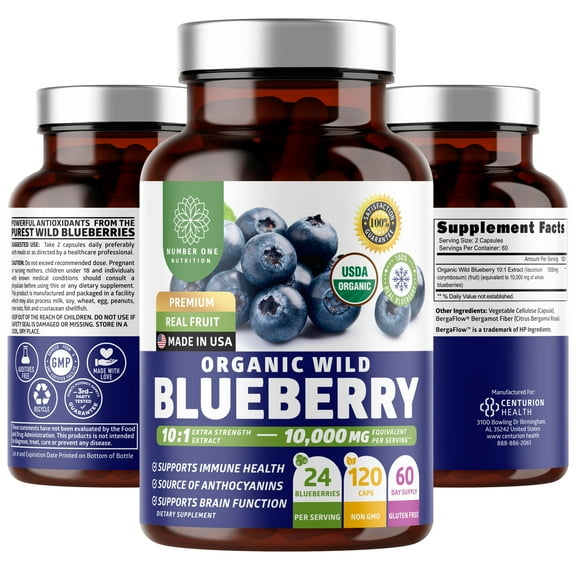 USDA Organic Wild Blueberry Extract 10:1 Concentrate, 10,000 MG per Serving Equivalent to 24 Whole Blueberries, 120 Vegan Capsules