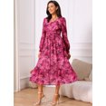 thumbnail image 2 of DARING DIVA Long Sleeve Floral V Neck Boho Chiffon Midi Dress S Rose Red, 2 of 7