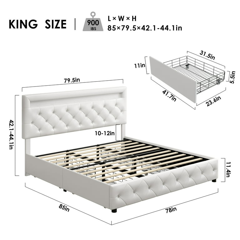 Homfa King LED Bed Frame, 4 Storage Drawer PU Upholstered Platform Bed with  Adjustable Crystal Button Tufted Headboard, White