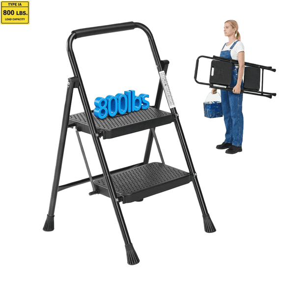 LIFERECORD 2 Step Ladder, Heavy Duty Step Stool with Safe Anti-Slip Pedals, Compact Steel Folding Ladder for Home, Kitchen&Garage 800lbs Capacity