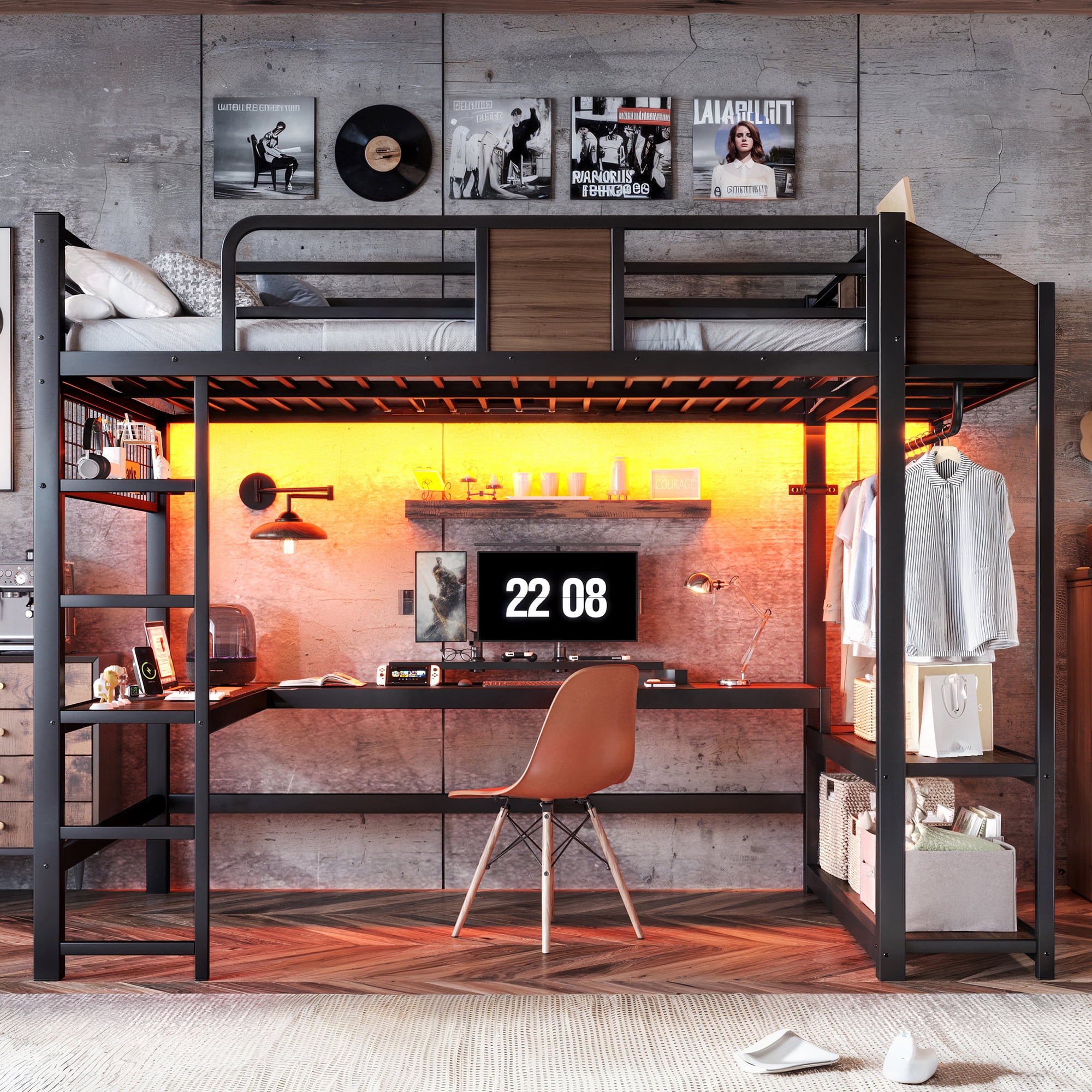 Mintazer Full Metal Loft Bed with L-Shaped Desk & LED Light Strip, Loft Bed Frame with Charging Station and Clothes Hanging Rod & Storage Shelves for Teen Adult Small Apartment Dorm, Black & Walnut