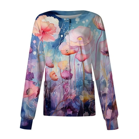 

Taymeis Women s Scrub Jackets Long Sleeve Crew Neck Working Uniform Cute Floral Printed Nurse Jackets Soft Single-Breasted Scrub Top with Pockets Purple XL
