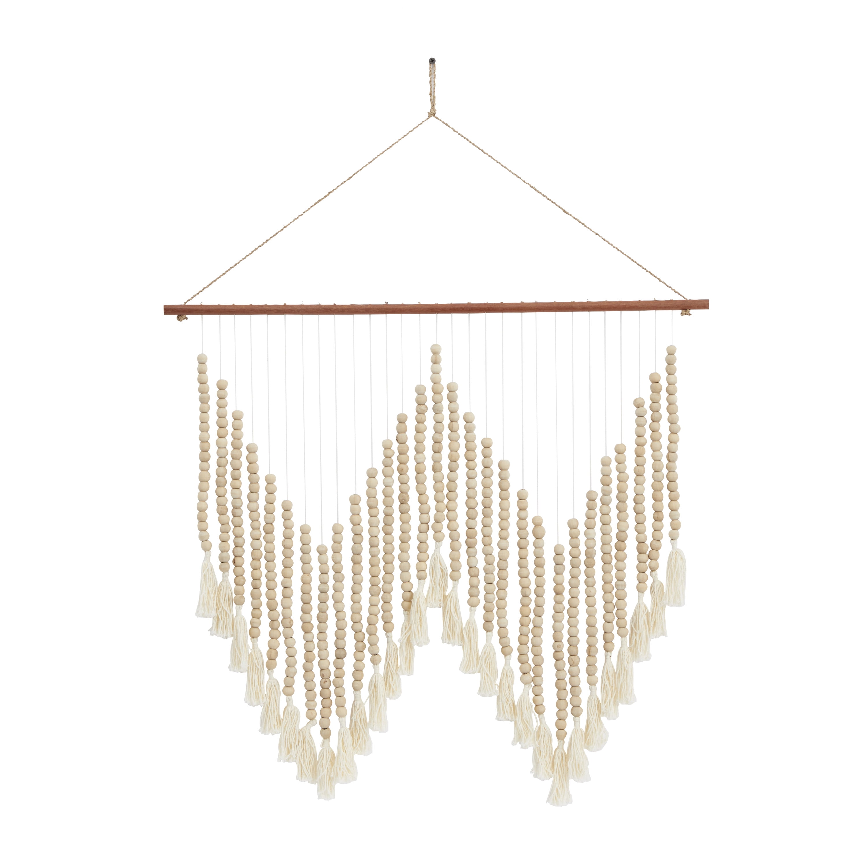 DecMode White Wood Beaded Macrame Wall Decor with Fringe Tassels