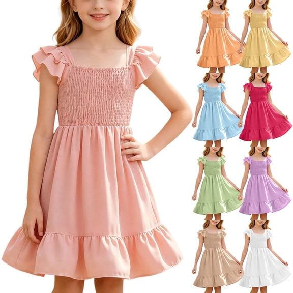 THDHVS Girls Summer Dress,Girls Solid Smocked Ruffle Tiered Dress Short Sleeve Round Neck Casual Summer,Dresses for Girls 11-12 Years