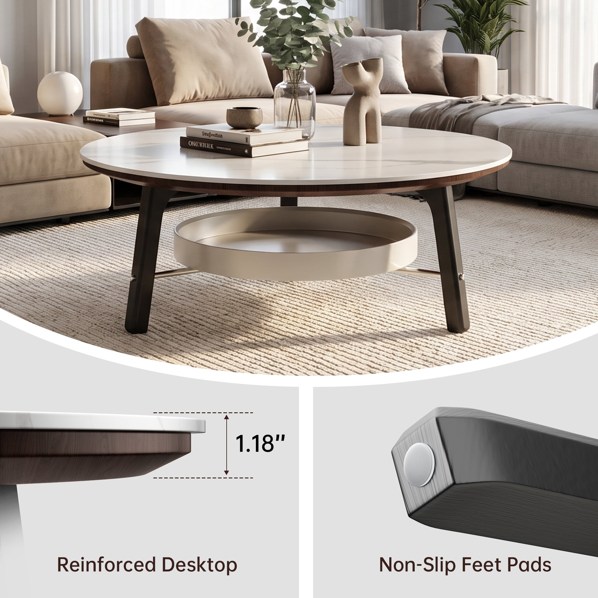 Leumius Round Coffee Table with Storage Shelf, Modern Minimalist Center Table for Living Room White